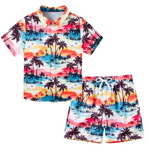 Image of UNICOMIDEA Boys Hawaiian Outfits Tropical Print Button Down Shirt + Swim Trunks 2 Piece Sets for 5-12T Kids