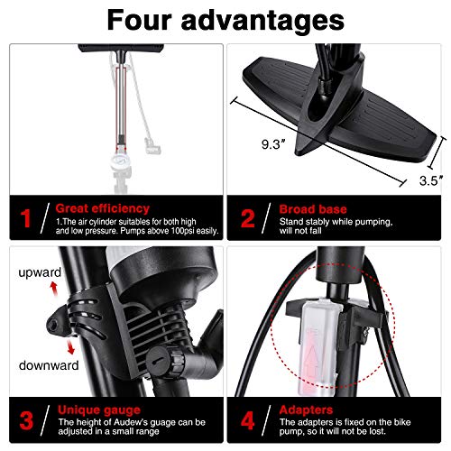 Audew Bike Floor Pump with Gauge - 230Psi Presta/Dunlop and Schrader Dual Valves Bicycle Tire Pump - Steel Structure Floor Pump for Bike, Including Glueless Puncture Kit, Inflating adapters - Thumbnail 4