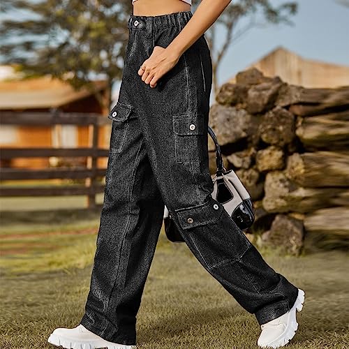 Womens Cargo Jeans with Multi-Pocket Fashion Wide Leg Loose Fit Teen Girls Y2K Going Out Jeans Casual Work Denim Pants4