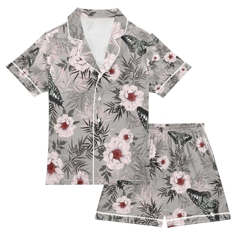 senya Peony Butterflies Flower Satin Summer Pajama Sets Silk Short Sleeve Button Down Sleepwear