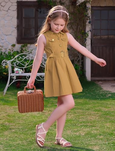 OBEEII Toddler Girls Denim Jeans Dress Sleeveless Summer Casual Lapel Collar A-line Pleated Ruffle Dress with Belt3