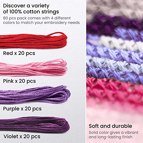 Arteza Embroidery Thread Pack – 80 Skeins Of Embroidery Floss, 20 Each Of Red, Pink, Purple & Violet – 100% Mercerized Cotton Friendship Bracelet String – Cross Stitch Supplies, 700 Yards Per Pack #TOP1