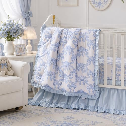 Image of Brandream Organic Crib Fitted Sheets for Baby Girls, Cottagecore Fitted Crib Sheet for Standard Crib and Toddler Mattress Super Soft 100% Cotton Baby Sheet French Country Blue Coquette Bow Rose Print