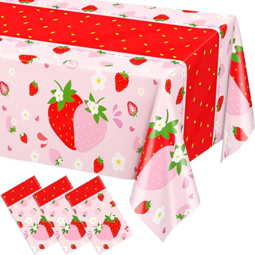 Image of WNINK 3 Pack Strawberry Tablecloths Strawberry Berry Sweet One Table Covers for Birthday Party Decoration Berry Sweet Baby Shower Party Supplies 54 inch x 108 inch