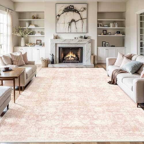 Image of 10x14 Area Rugs for Living Room: Large Soft Washable Rug Modern Aesthetic Floral Carpet Low Pile Non-Slip Stain Resistant for Bedroom (Beige Pink, 10'x14')