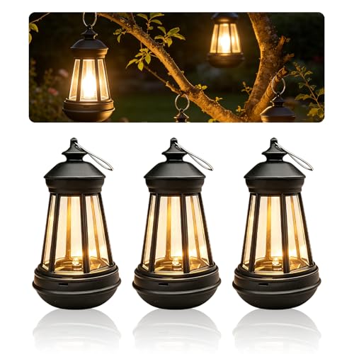 Lot de 3 lampes solaires d'extérieur : lanternes solaires étanches pour l'extérieur, commande solaire avec lanterne solaire intelligente à LED blanc chaud,...