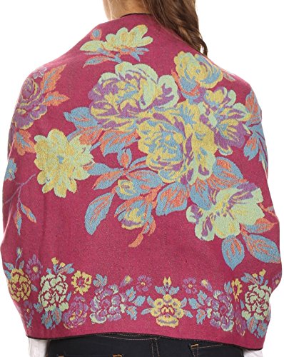 Sakkas CHS1810 - Ontario double layer floral Pashmina/Shawl/Wrap/Stole with fringe - 2-FuchsiaGreen - OS2