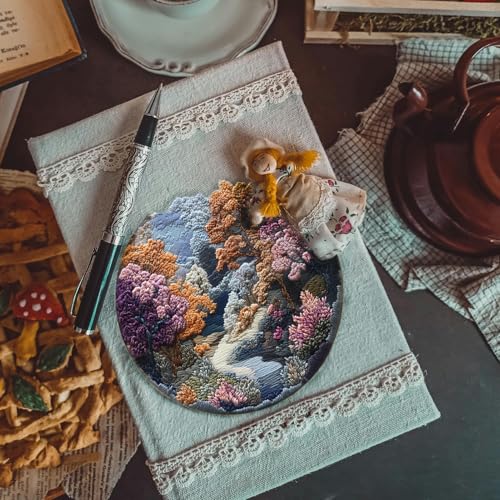 Image of FONNUY Embroidery Kit for Beginners, Boho Nature Landscape Pre-Stamped Pattern Kits for Adults with Hoop, Easy to Follow Color Thread Needlework, 8'' Hoop (Late Spring)