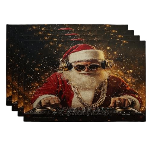 Set di 4 tovagliette con Babbo Natale, 30,5 x 45,7 cm, divertenti e alla moda, motivo DJ musicale, per cene, vacanze, Capodanno, decorazione per la casa e la cucina