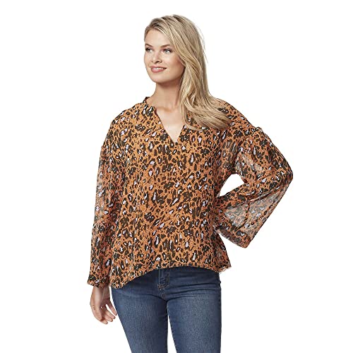 Jessica Simpson Women's Plus Size Jenna Notch Neck Top, Speckled Cheetah-Cathay Spice #TOP8