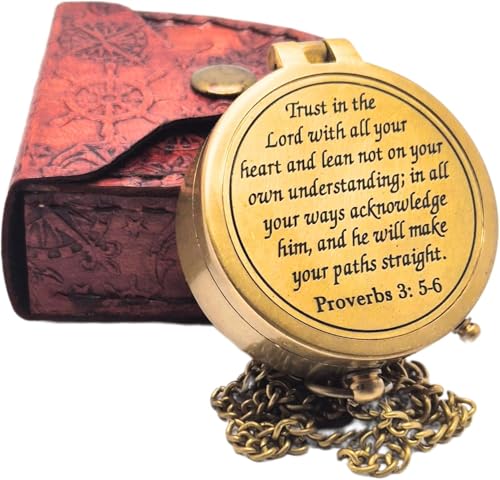Antique Chain Compass For Hiking Nautical Brass Pocket With Engraved On Leather Case (Trust In The Lord)