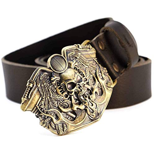 Leather Belt With Brass Buckle Route 66, Handmade Biker Solid Brass Belt Buckle With Motorcycle And Skull #TOP1