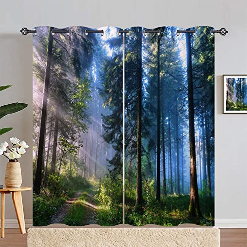 ANHOPE Forest Curtains Eyelet 80% Blackout Curtains with Jungle Woodland Tree Print Pattern Thermal Soundproof Privacy Decorative Window Drapes for Bedroom Living Room Door 46 x 84 Inch 2 Panels