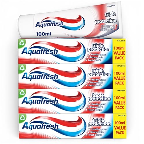 4 x 100ml Aquafresh Triple Protection Fluoride Toothpaste Family Size – 3-in-1 Care for Strong Teeth, Healthy Gums & Fresh Breath – Enamel Strengthening with Active Minerals