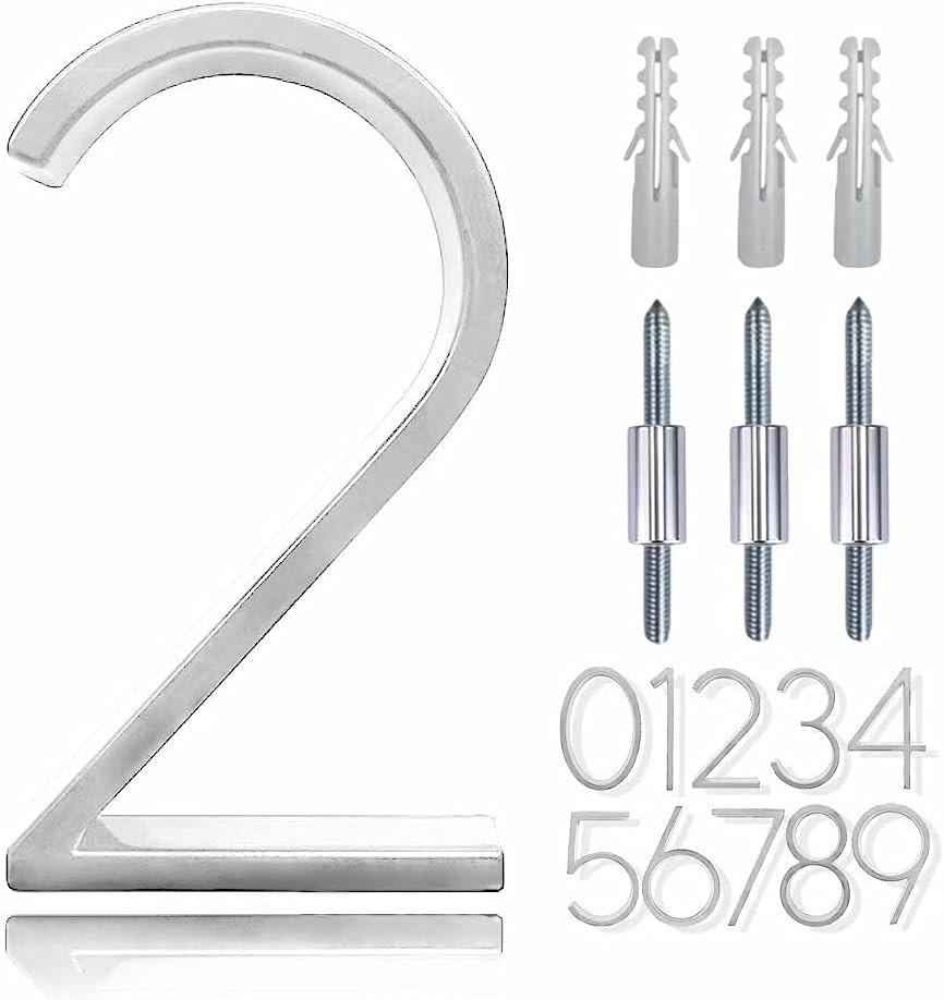 5" Zinc Alloy Floating House Number, Metal Modern House Numbers, Garden Door Mailbox Number Sign with Nail Kit, Coated Glossy Silver, Durable Visibility Signage,2
