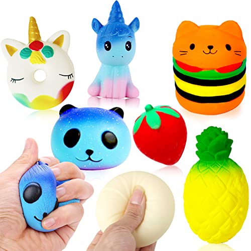 Slow Rising Jumbo Squishies Toys Set - 7 Pack Soft Kawaii Squishy Hamburger, Panda, Unicorn, Steamed Stuffed Bun, Food, Fruit Stress Relief Squeeze Toy for Boys and Girls