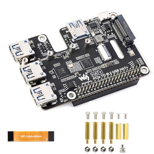 PCIe to USB 3.2 Gen1 and M.2 NVMe HAT+ for Raspberry Pi 5, Supports 2230–2280 NVMe SSD, 4× USB 3.2 Ports Expansion, Bootable NVMe, Plug and Play PCIe Adapter Board