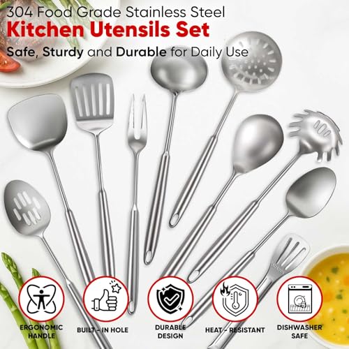 Image of Newness 10 Pcs Cooking Utensils Set,18 /8 304 Stainless Steel Kitchen Utensils Set, Metal Kitchen Accessories, Include Soup Ladle, Slotted Skimmer Spoon, Spaghetti Spoon, Spatula, Tongs,Dishwasher Safe