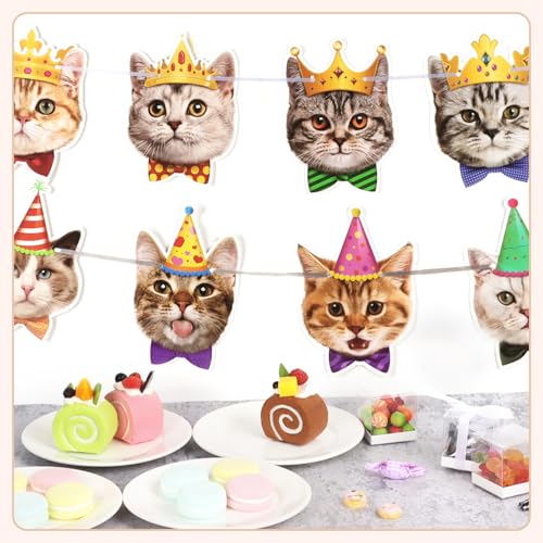Image of Cat Birthday Banner Cat Birthday Decorations Cats Faces Garland Funny Birthdays Decor for Cats Themed Party Decorations Backdrop Baby Shower