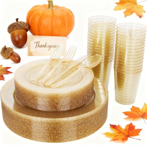 WELLIFE 175 Pieces Gold Glitter Plastic Plates with Silverware and Cups, Includes: 50 Plates, 50 Forks, 25 Knives,25 Spoons and 25 Cups for Party