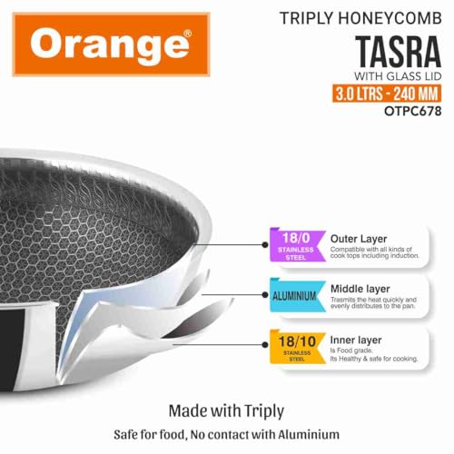 Image of Orange Triply Honeycomb Stainless Steel Tasra Kadai with Glass Lid (3.0Ltr, 24cm) | Heavy Bottom, Scratch Resist Non-Stick Tasra /Tasla | Induction Friendly | 5 Year Warranty