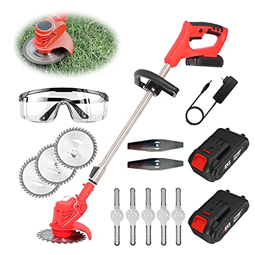 Akku Rasentrimmer mit Akku und Ladegerät 21V Teleskopstiel Elektro rasentrimmer Akku Freischneider für Rasenschneiden, Rasenpflege, Auffahrt und Garten,red Cover