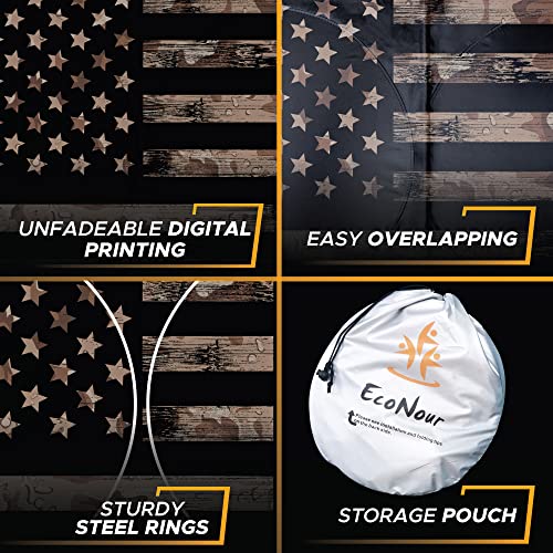 Image of EcoNour Camoflage American Flag Windshield Sun Shade -240T Reflective Polyester Blocks 99% UV & Heat Protection | Patriotic Car Accessory Sedans, Hatchbacks, Small SUVs | Universal Fit (66 inch x 34 inch)