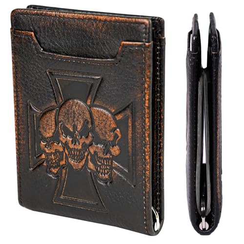 Image of DK86 Mens Skull Slim Wallet with Money Clip Minimalist Bifold Front Pocket wallet for Men RFID Blocking Full Grain Leather with Hand Burnished