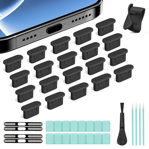 joremx 20 Pcs USB-C staubschutz Silikon, mit USB C Schutzkappe und Reinigungsknete, für iPhone 17/16/15 Series und Laptop Ladebuchse Schutz Zubehör-Schwarz