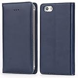iPhone SE Case, iPhone 5S Case, IPHOX Magnetized Closure Card Slots Money Pouch, Retro Leather Wallet Case Purse Protective Cover Stand Feature Flip Book Case for iPhone 5s/5/SE (Blue)
