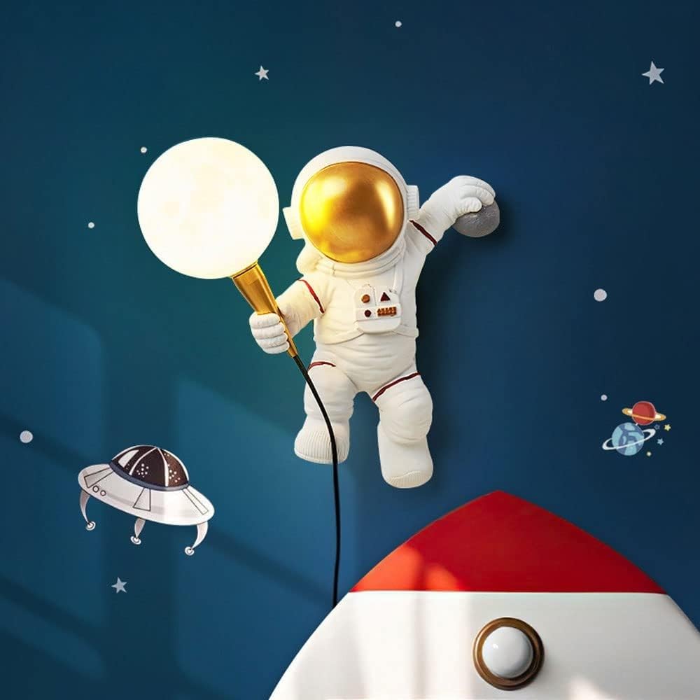 Astronaut Wall Sconce modern cartoon children's moon wall lamp 3D moon shape acrylic lampshade LED bedside wall light night light dimmable suitable for boys and girls bedroom corridor aisle(2PC-Left)