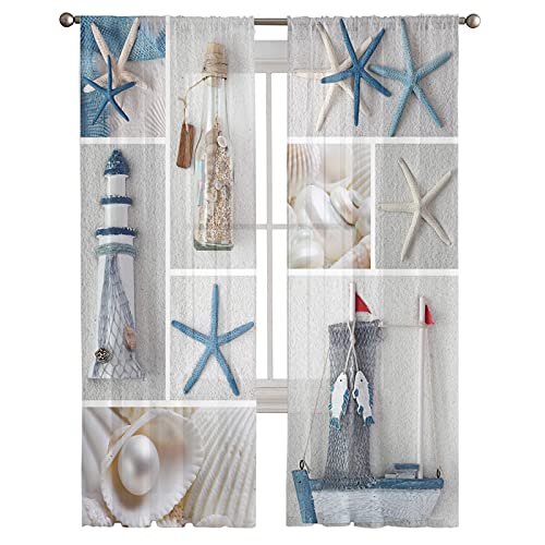 Beach Starfish Sheer Curtains 63 Inches Length 2 Panels Set, Nautical Coastal Bedroom Curtain Drapes, Tropical Ocean Seashell Semi Curtain Sheers For Living Room/Cafe Rod Pocket Voile Window Treatment #TOP2