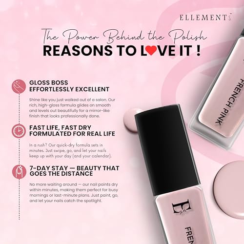Image of Ellement Co French Pink Nail Polish 10ml | Soft Blush Pink Colour | Glossy Finish | Quick Drying | Long Lasting | Chip Resistant | Vegan | Non Toxic | Non Sticky | Nail Lacquer & Nail Paint for Women & Girls