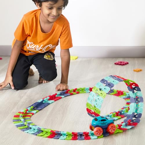 Image of Amazon Brand - Jam & Honey - Monster Wheels Track Set - 102 Pcs Anti Gravity Toy Endless DIY Flexible Bends Track with Light-Up Mini Monster Truck for Kids' Racing Adventure