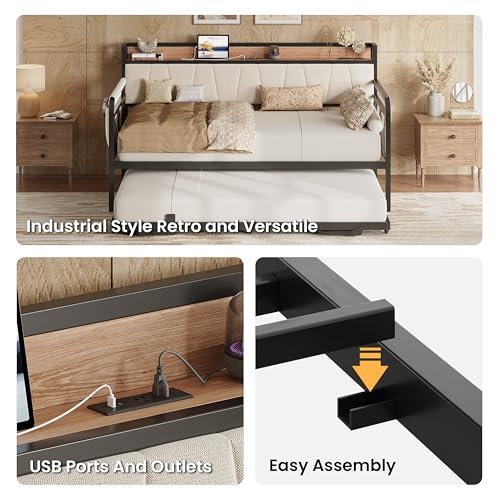 Image of LIKIMIO Twin Daybed, Day Bed with Trundle, Storage Upholstered Headboard and Charging Station, Trundle Bed with Strong Supports for Living Room, Bedroom, and Guest Room, Wood and Beige
