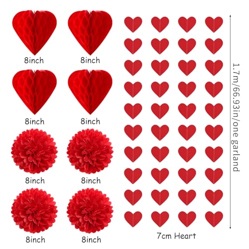Image of Valentines-Day Decorations Red-Heart Garland Galentines-Decor - 24pcs Tissue Paper Pom Poms Streamers Swirl,Be Mine Xoxo Banner,Love Romantic Special Night Anniversary Party Hanging Lasting Surprise