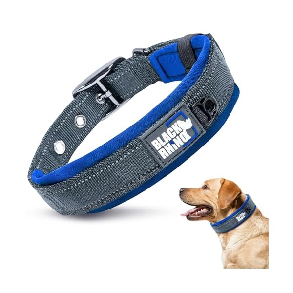 Black Rhino Reflective Dog Collar – Heavy Duty Adjustable Comfort Collar with Ultra Soft Neoprene Padding for All Breeds – Weatherproof, Lightweight Dog Collars for Large Dogs (Large, Blue/Grey)