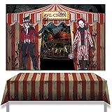 horror bilder zeichnen [Premium-Material]: Die gruselige Clown hingtergrund besteht aus Polyestergewebe, ist langlebig, leicht, wasserdicht, leicht zu tragen und für den Innen- und Außenbereich geeignet; die Tischdecke ist aus sicherem und kinderfreundlichem Kunststoff; Dies sind die perfekten Halloween-Dekorationen für Ihre gruselige Clown-Mottoparty.