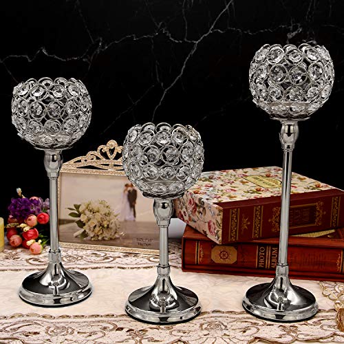 Vincidern 3 Pcs Silver Crystal Candle Holders Candelabra, Tea Light Candlestick Holder Centerpiece for Dining Table Decor Wedding Home Fireplace Candelabra Housewarming Gifts…
