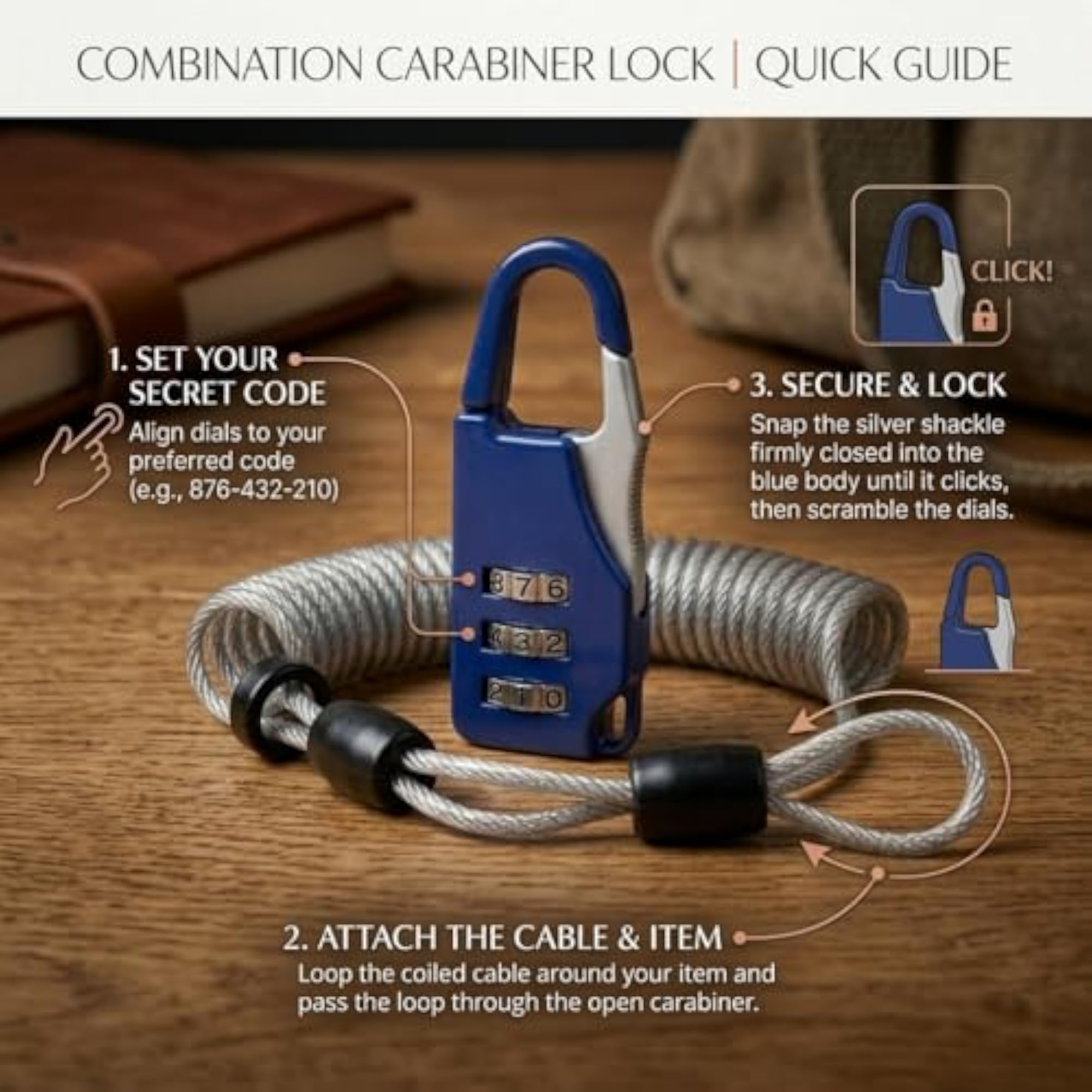 3 Digit Combination Cable Lock, Portable Security