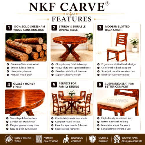 Image of Wooden 4 Seater Dining Set | Solid Sheesham Wood Round Dining Table with Slat Backrest Pattern Cushioned Chairs | Modern & Trending Design for Home & Dining Room | Shining Honey