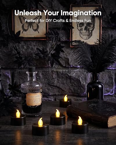 Image of Homemory Black Tea Lights Candles Battery Operated, Flickering Flameless LED Votive Candles, Warm White Tealights for Halloween, Gothic Decor, Black Gold Dinner, Outdoor Halloween, Witch, 24-Pack