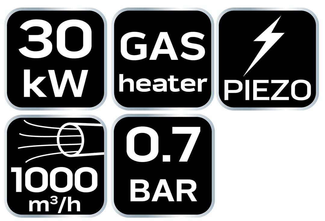 NEO TOOLS Calentador de gas de 30 kW; encendido piezoeléctrico; protección contra sobrecalentamiento y fugas de gas; independiente; regulador de presi