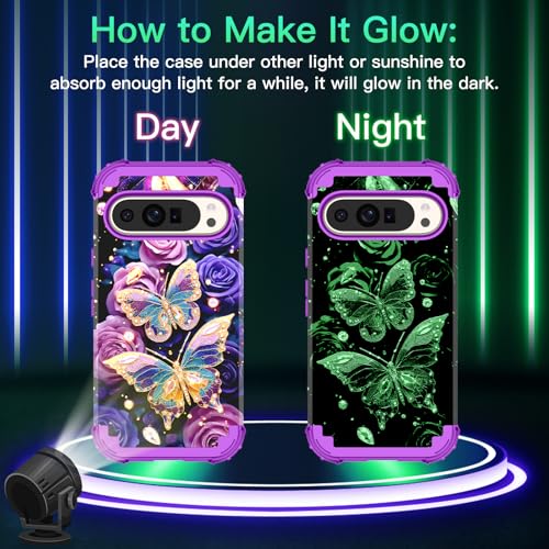 LONTECT for Google Pixel 10 Pro XL Case Floral Shockproof Rugged Heavy Duty 3 in 1 Hybrid Sturdy High Impact Protective Cover Case for Google Pixel 10 Pro XL,Glow in the Dark Lavender - image 2