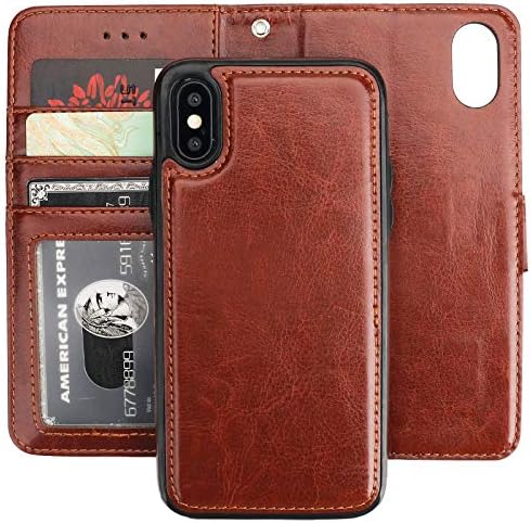Bocasal Wallet Case for iPhone Xs/X - PU Leather, Card Holder, Detachable Kickstand, Shockproof, Wrist Strap, 5.8 inch (Brown)