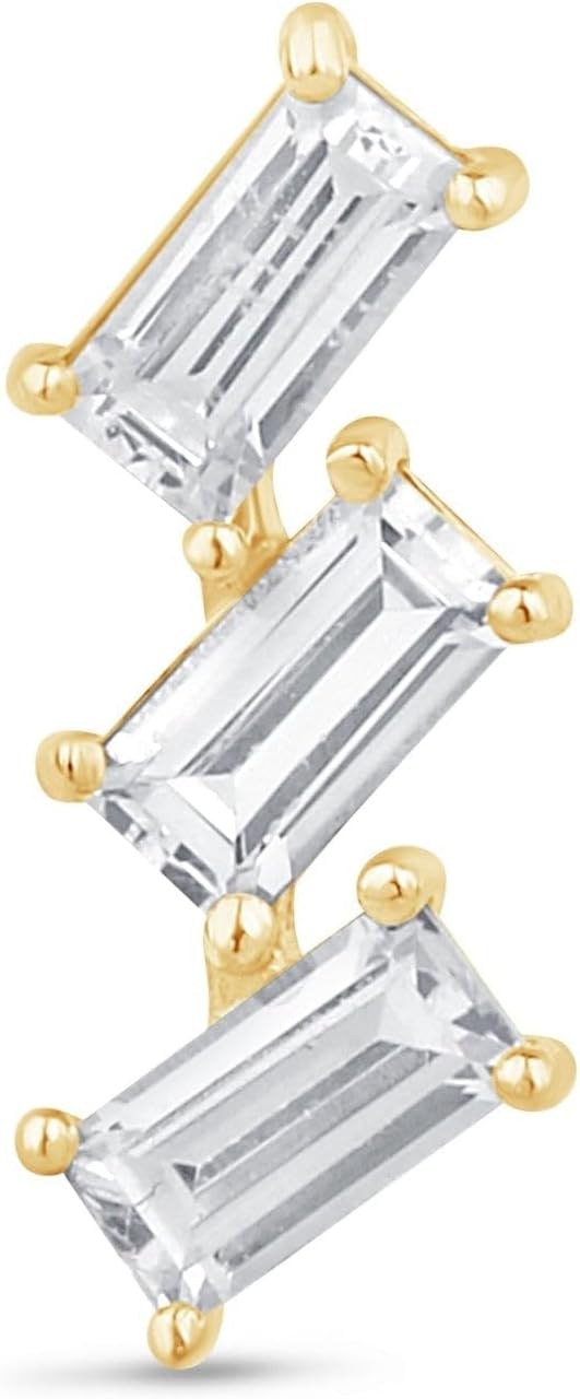 14K Solid Gold Baguette Ear Crawler Flat Back Earring for Women Cubic Zirconia Stud Earring Cartilage Piercing Jewelry for Sensitive Ears Climber Earring Minimalist Jewelry CZ SINGLE STUD or PAIR