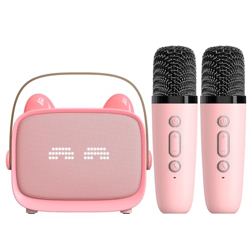 Luocute Machine de karaoké pour Enfants, Haut-Parleur Portable avec 2 Micros sans Fil, Double Réduction de Bruit BT 5.3, Lumières Colorées pour Cadeaux d'anniversaire de Fête à la (Rose)