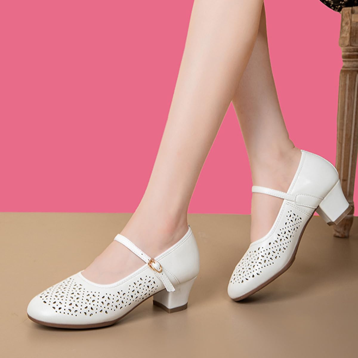 Zapatos de Baile Latino Mujer clásicos Cuero 5cm Tacon Bajo Zapatos de Baile de Práctica Salsa Salón Tango Bachata Transpirables