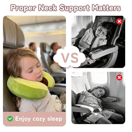 Image of Kids Travel Neck Pillow for Ages 3-8, Memory Foam, Removable Cover, Avocado | Machine washable, 13 in neck size, hidden zipper, 360-degree head and chin support, car seat and airplane use