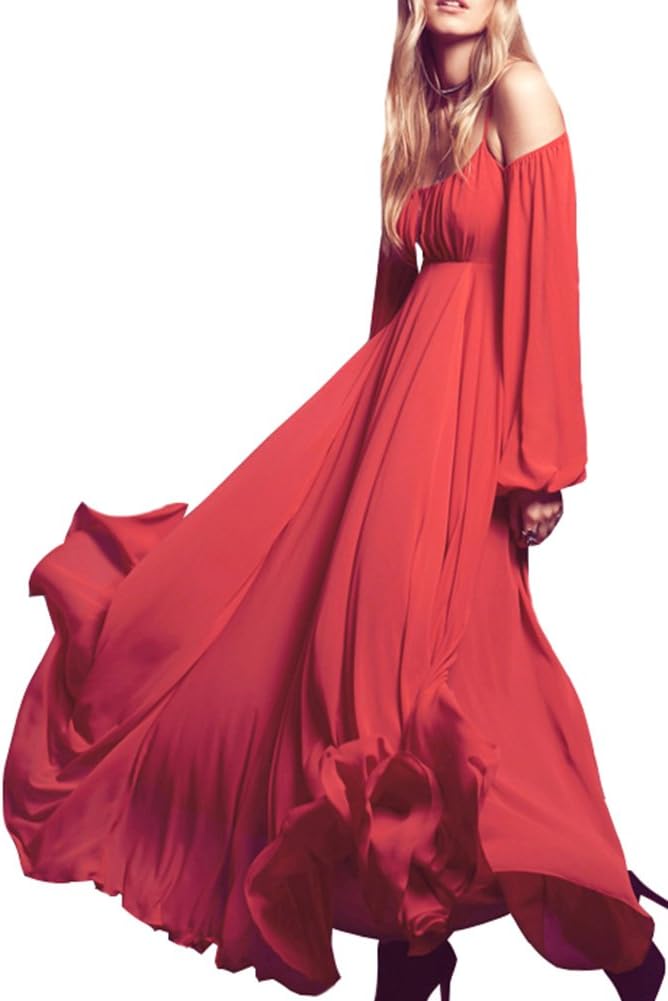 Women's Strap Wedding Boho Chiffon Slip Ball Gown Maxi Dress Red Large